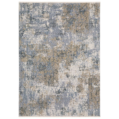 10' X 13' Beige And Blue Abstract Distressed Area Rug With Fringe