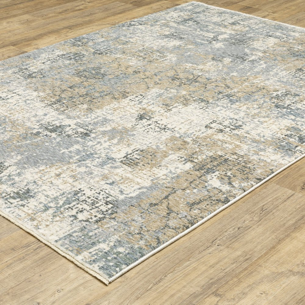10' X 13' Beige And Blue Abstract Distressed Area Rug With Fringe