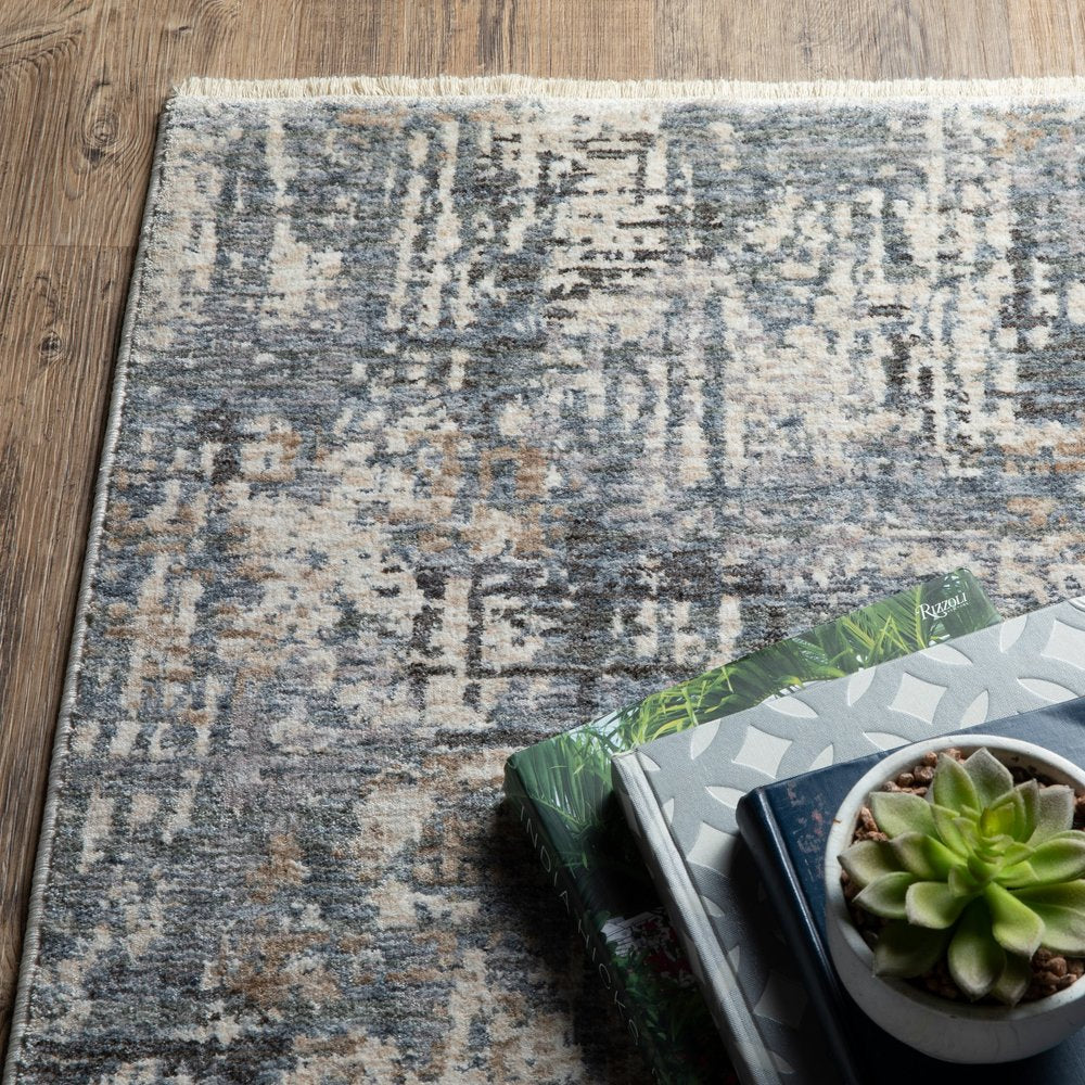 10' X 13' Beige And Blue Abstract Distressed Area Rug With Fringe