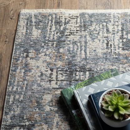 10' X 13' Beige And Blue Abstract Distressed Area Rug With Fringe