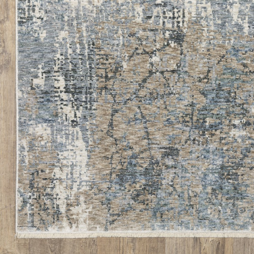 10' X 13' Beige And Blue Abstract Distressed Area Rug With Fringe
