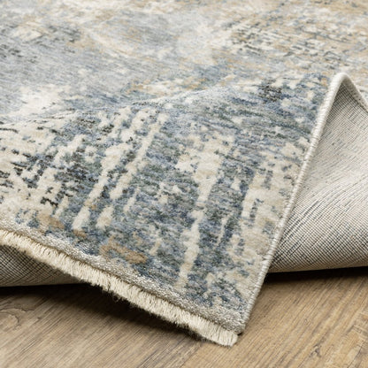 10' X 13' Beige And Blue Abstract Distressed Area Rug With Fringe