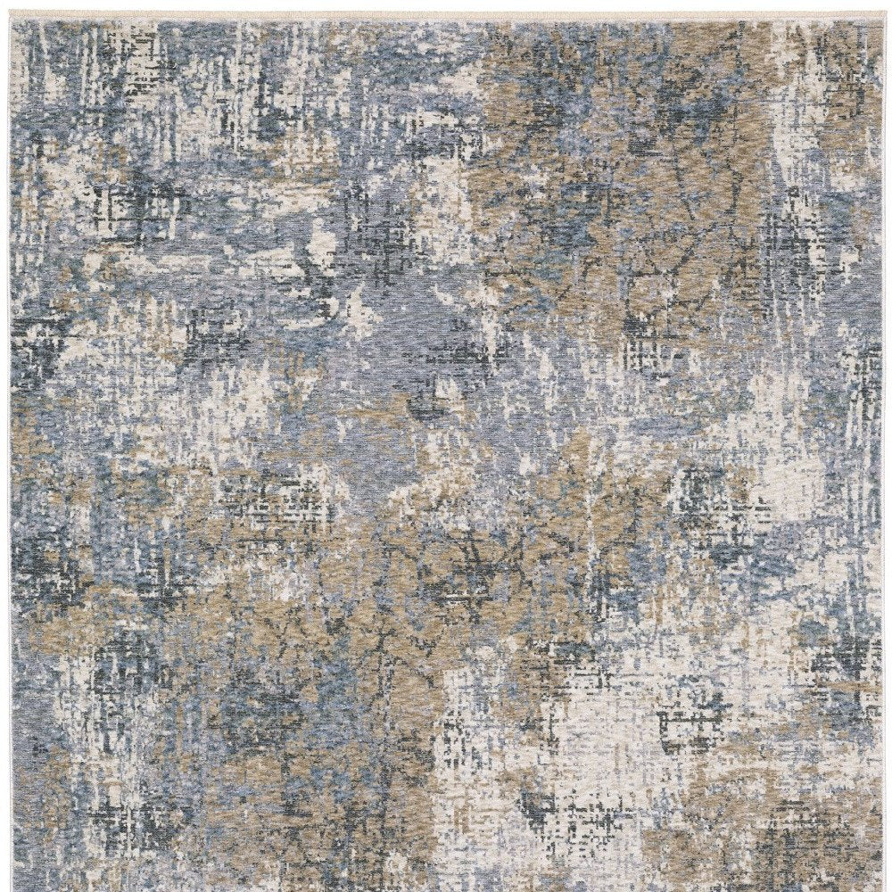 10' X 13' Beige And Blue Abstract Distressed Area Rug With Fringe
