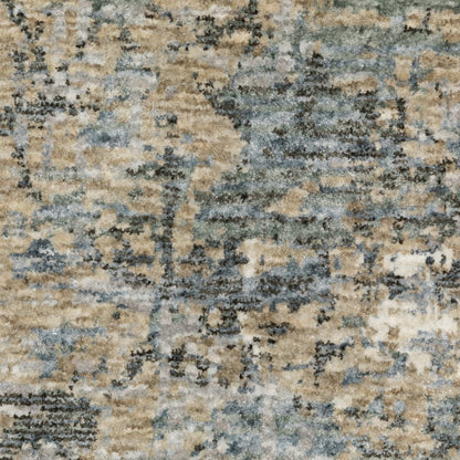 10' X 13' Beige And Blue Abstract Distressed Area Rug With Fringe