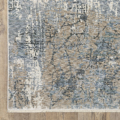 10' X 13' Beige And Blue Abstract Distressed Area Rug With Fringe