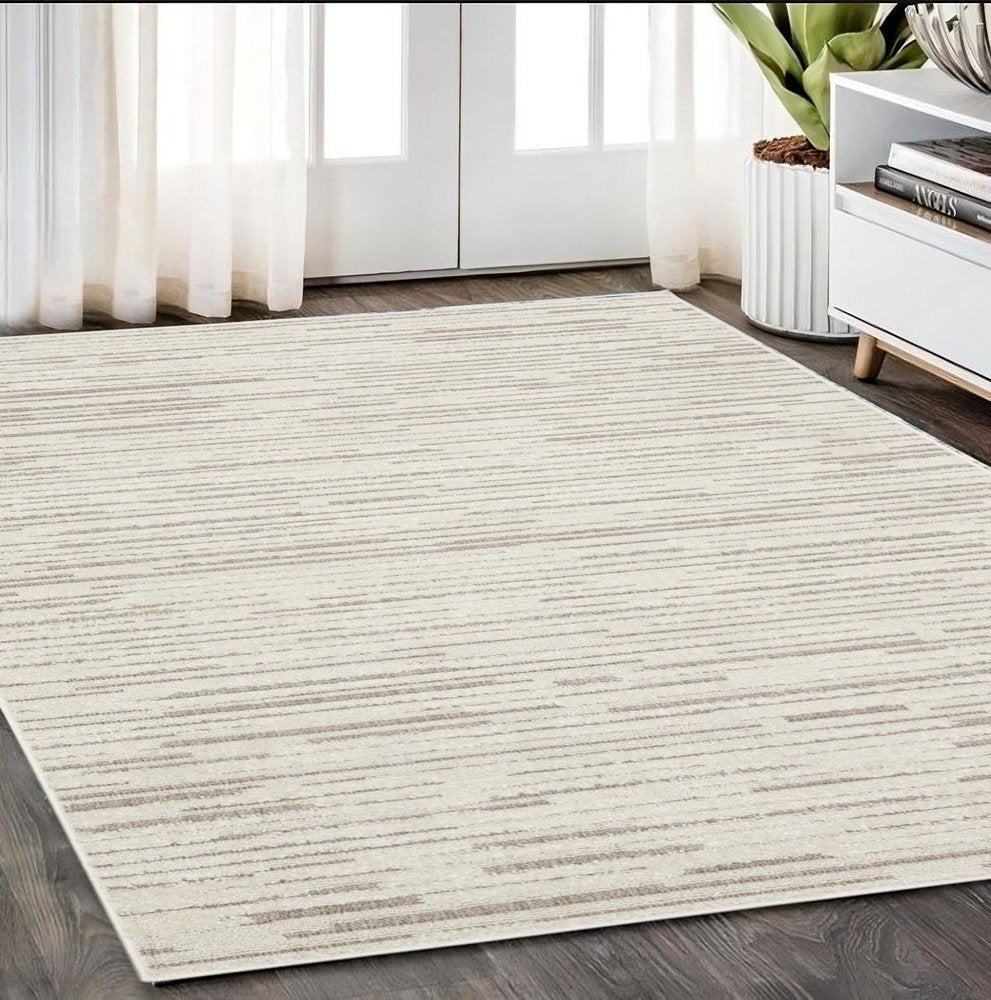 8' X 11' Ivory And Brown Striped Distressed Area Rug