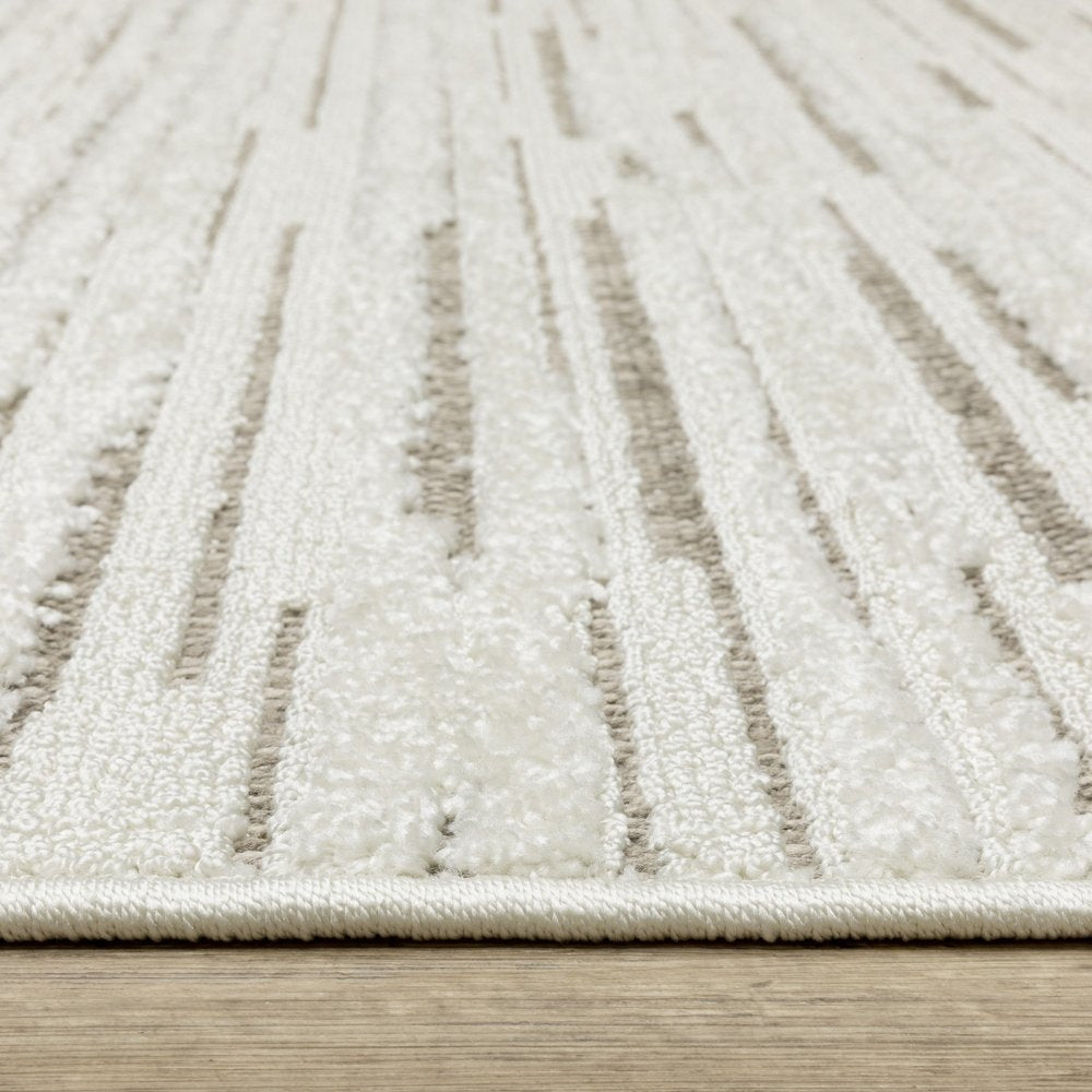 8' X 11' Ivory And Brown Striped Distressed Area Rug