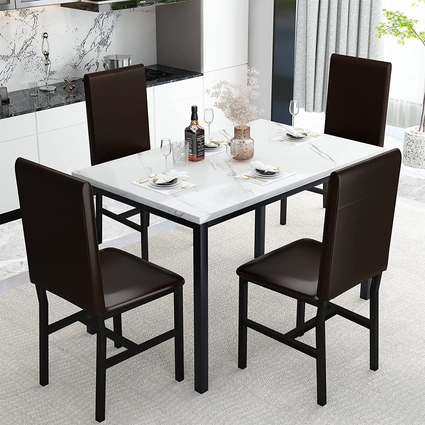 5 Piece Faux Marble Dining Table Set