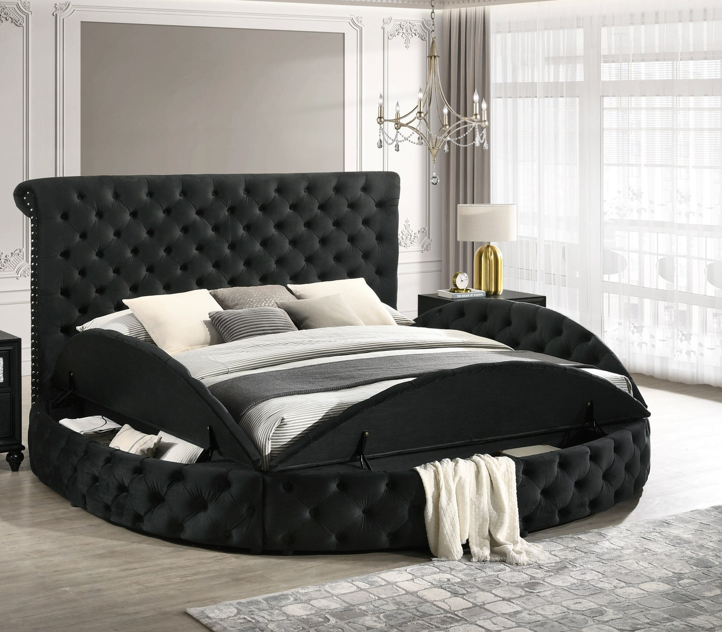 Luxurious 1pc Glam King Size Tufted Headboard Upholstered Storage Round Bed Black Footboard Storage Wooden Bedroom Furniture