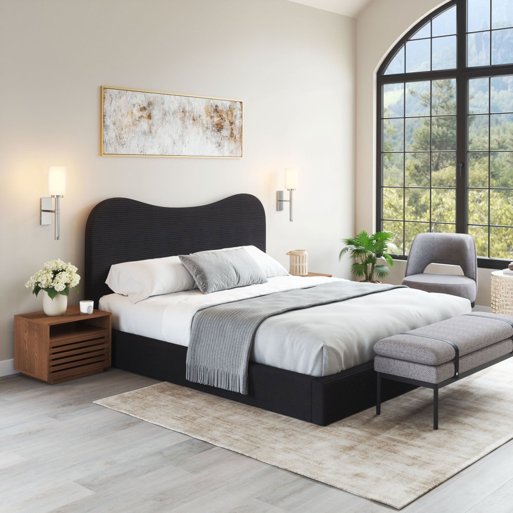 Black Ribbed Texture Velvet Upholstered King Bed Frame