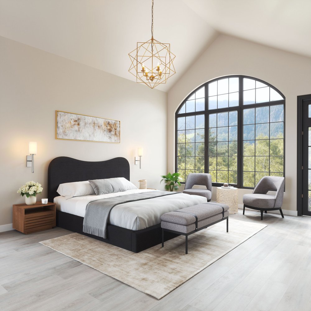 Black Ribbed Texture Velvet Upholstered King Bed Frame