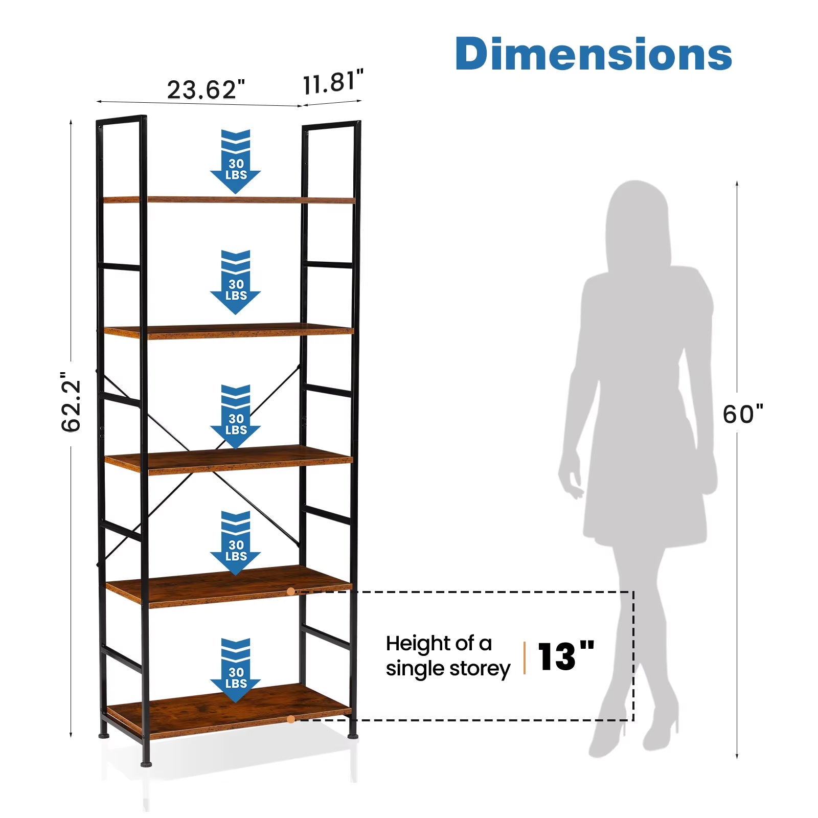 5 Tier Bookcase Bookshelf Modern Book Case for Books Corner Storage Organizer for Bedroom Home Office Kitchen Living Room