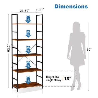 5 Tier Bookcase Bookshelf Modern Book Case for Books Corner Storage Organizer for Bedroom Home Office Kitchen Living Room