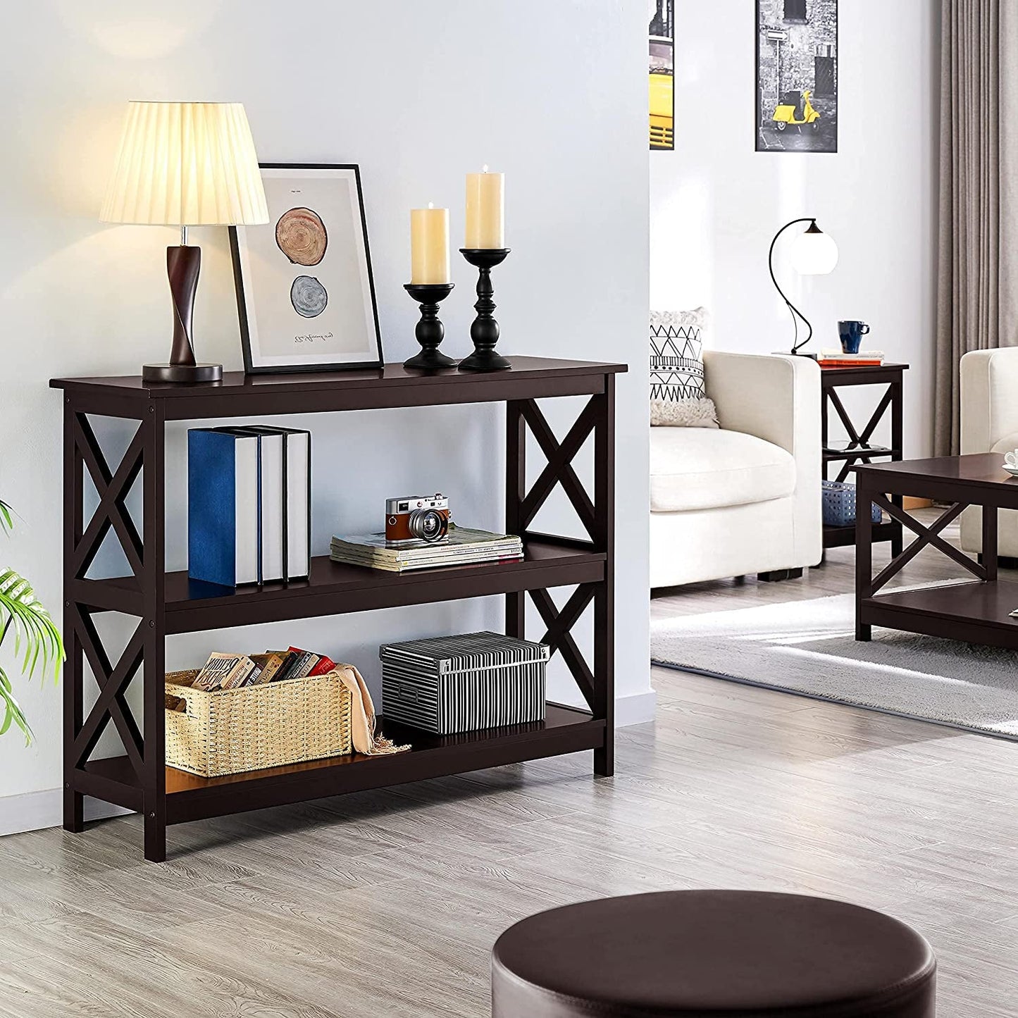 3-Tier Espresso Console Table with Storage Shelves
