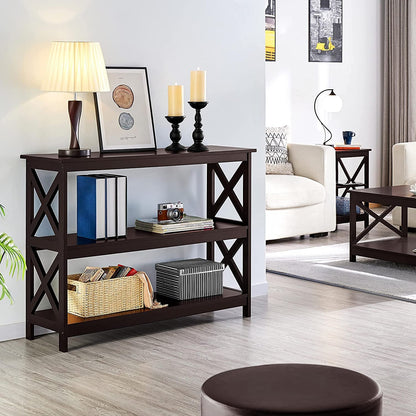 3-Tier Espresso Console Table with Storage Shelves