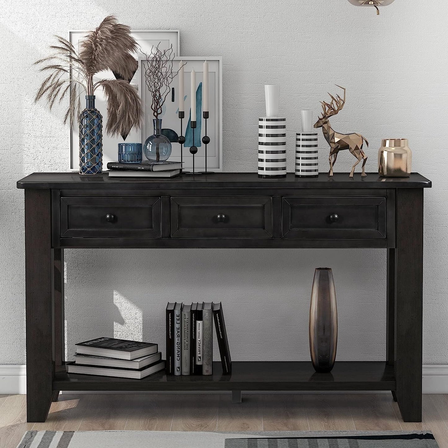 Black Console Table with Drawers and Shelf