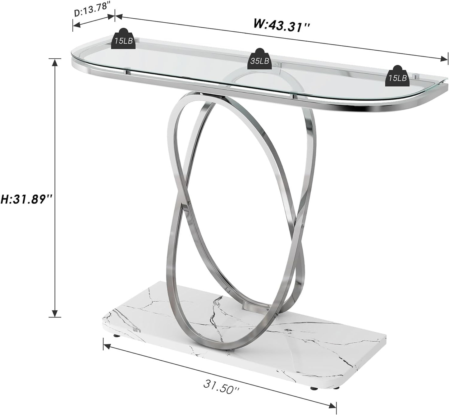 O&K FURNITURE Glass Console Tables for Entryway,Silver Entryway Table with Oval Frames and Marble Base,Chrome Entrance Table Glass Sofa Table for Living Room,Hallway,Silver Glass&White Faux Marble