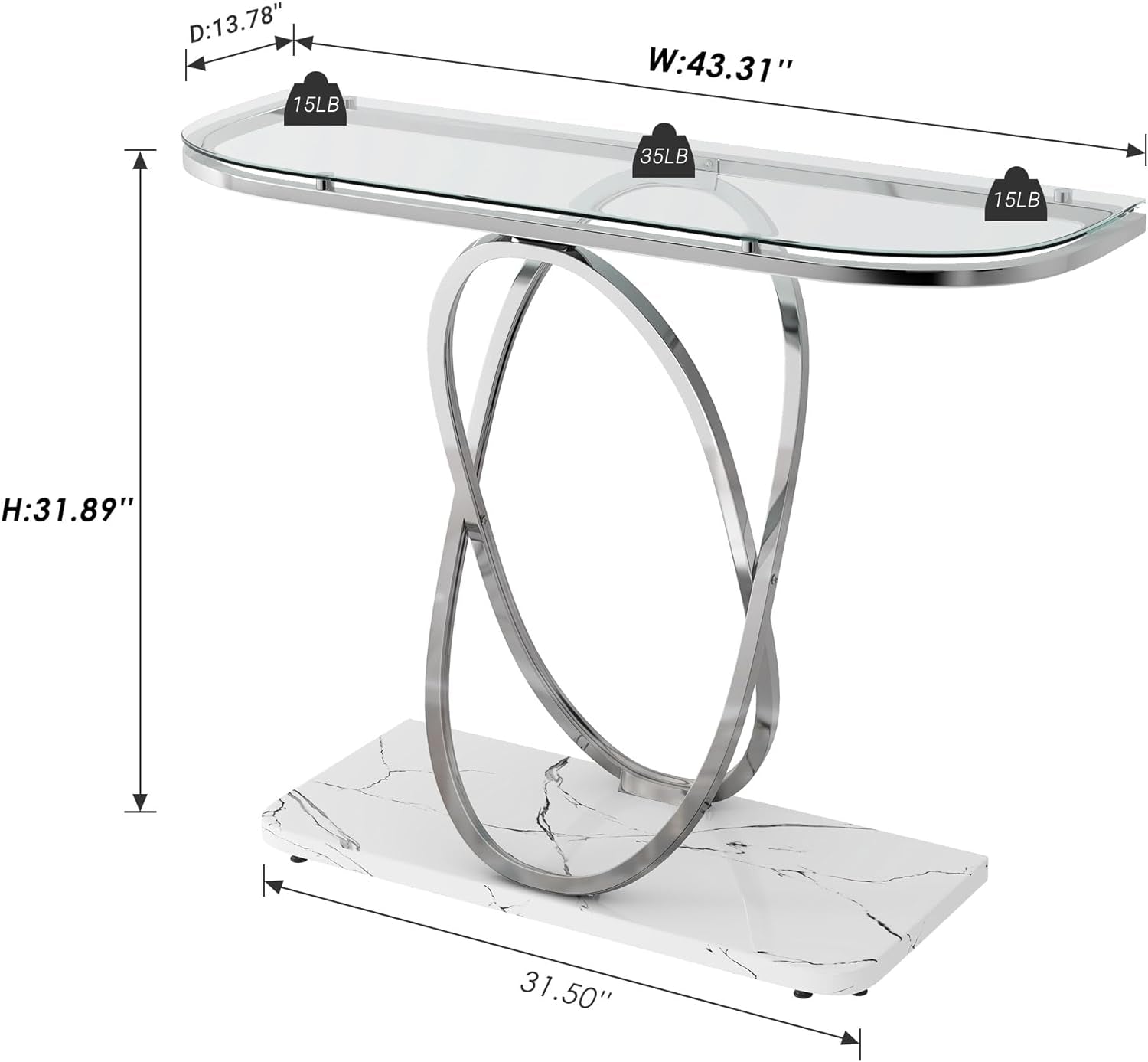 O&K FURNITURE Glass Console Tables for Entryway,Silver Entryway Table with Oval Frames and Marble Base,Chrome Entrance Table Glass Sofa Table for Living Room,Hallway,Silver Glass&White Faux Marble