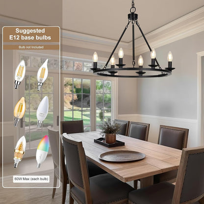 Black Farmhouse Chandelier, 6-Light Wagon Wheel Chandelier with