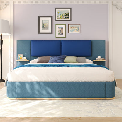 King Size Upholstered Platform Bed with Panel, Platform Bed Frame with Anti-Collision Soft Rounded Corners, Stable and Solid, No Box Spring Needed, Easy Assembly, Blue