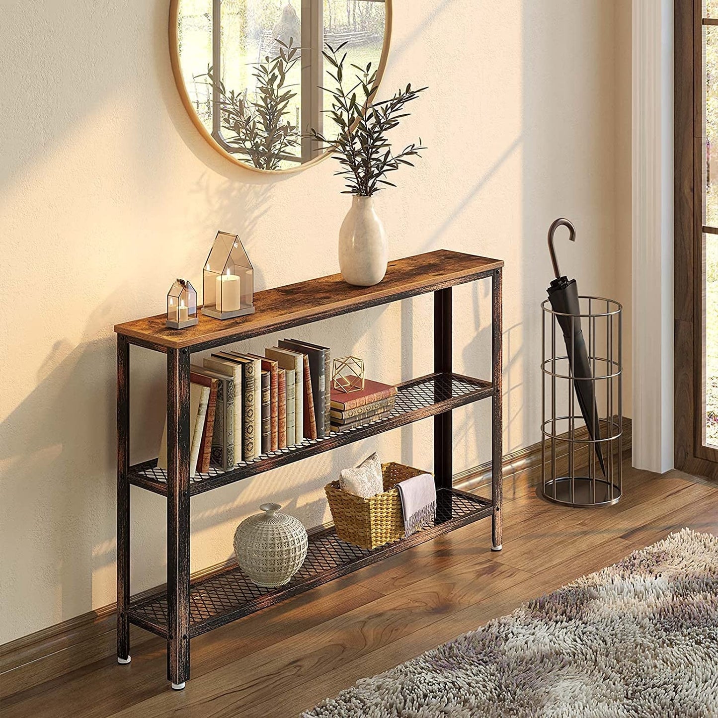 Rustic Console Table with Mesh Shelves