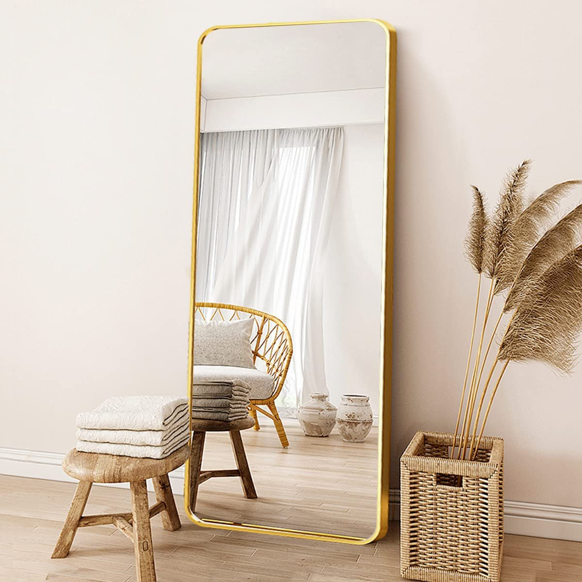 OGCAU Full Length Mirror Standing Floor Mirror with Stand for Bedroom, Wall-Mounted Mirror Standing Hanging or Leaning, Wall Mirror with Aluminum Alloy Frame, 65" X 22" (Gold)