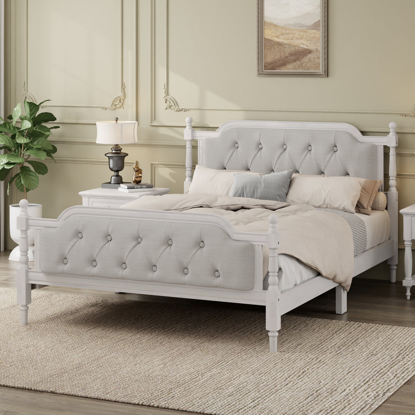 Traditional Solid Wood Bed Frame with Upholstered Tufted Headboard, No Box Spring Needed