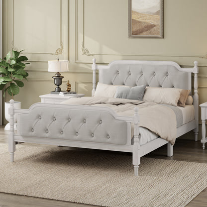 Traditional Solid Wood Bed Frame with Upholstered Tufted Headboard, No Box Spring Needed