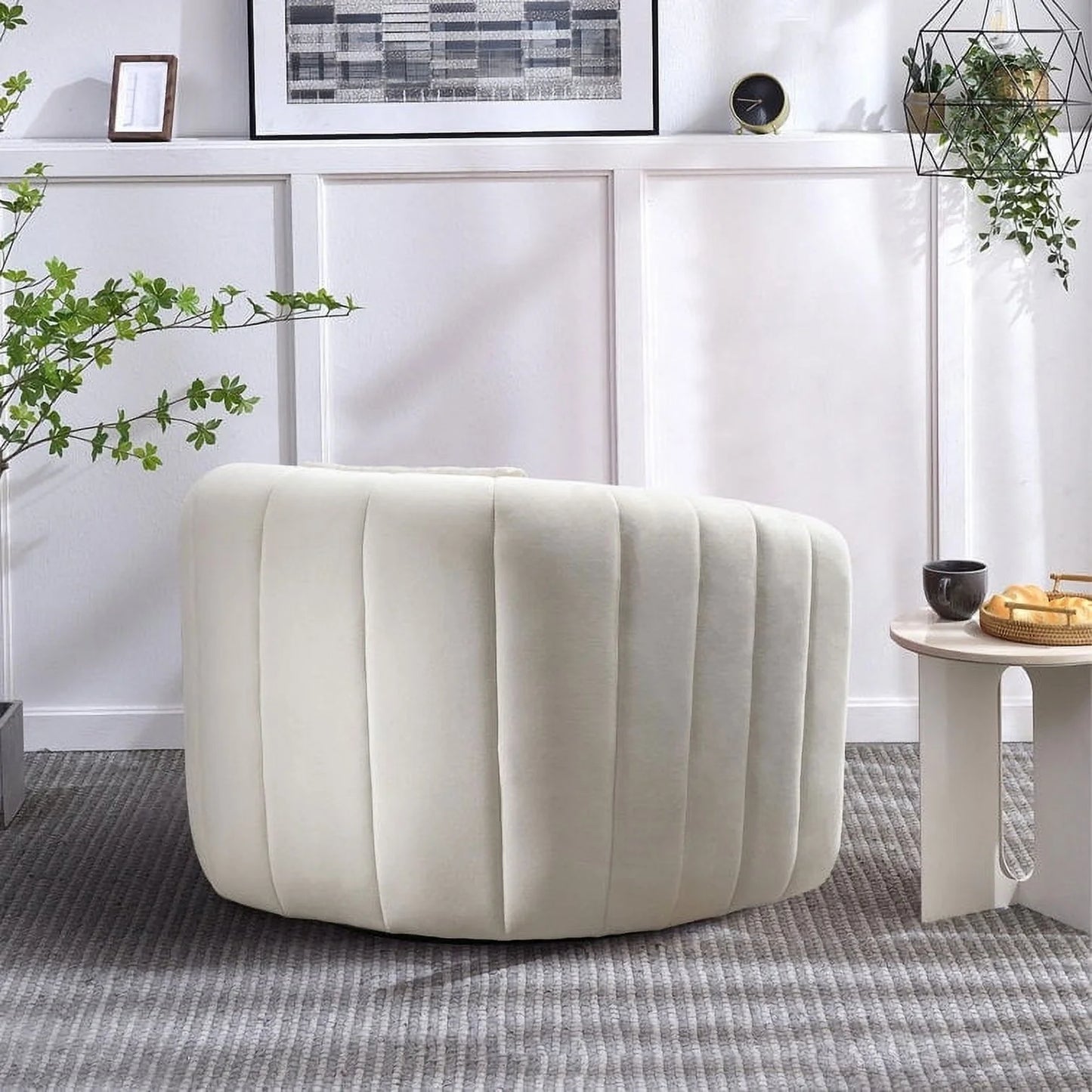 Swivel Barrel Chair with Plump Pillow, Modern Channel Velvet Accent Chair, Comfy round Armchair, Swivel Accent Chair for Living Room Bedroom (Beige)