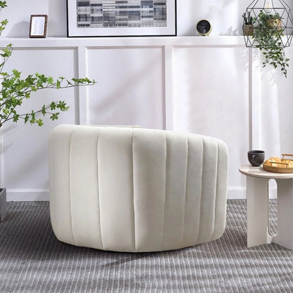 Swivel Barrel Chair with Plump Pillow, Modern Channel Velvet Accent Chair, Comfy round Armchair, Swivel Accent Chair for Living Room Bedroom (Beige)