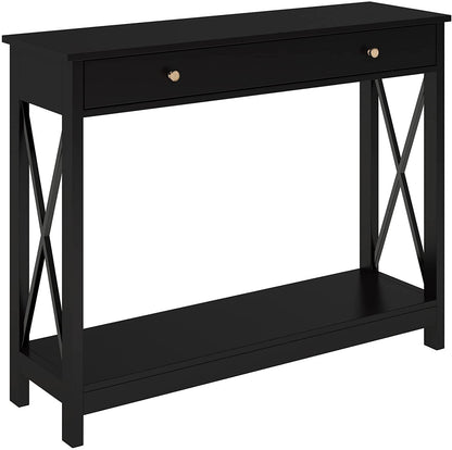 Peach Maple Black Console Table with Drawer and Shelves