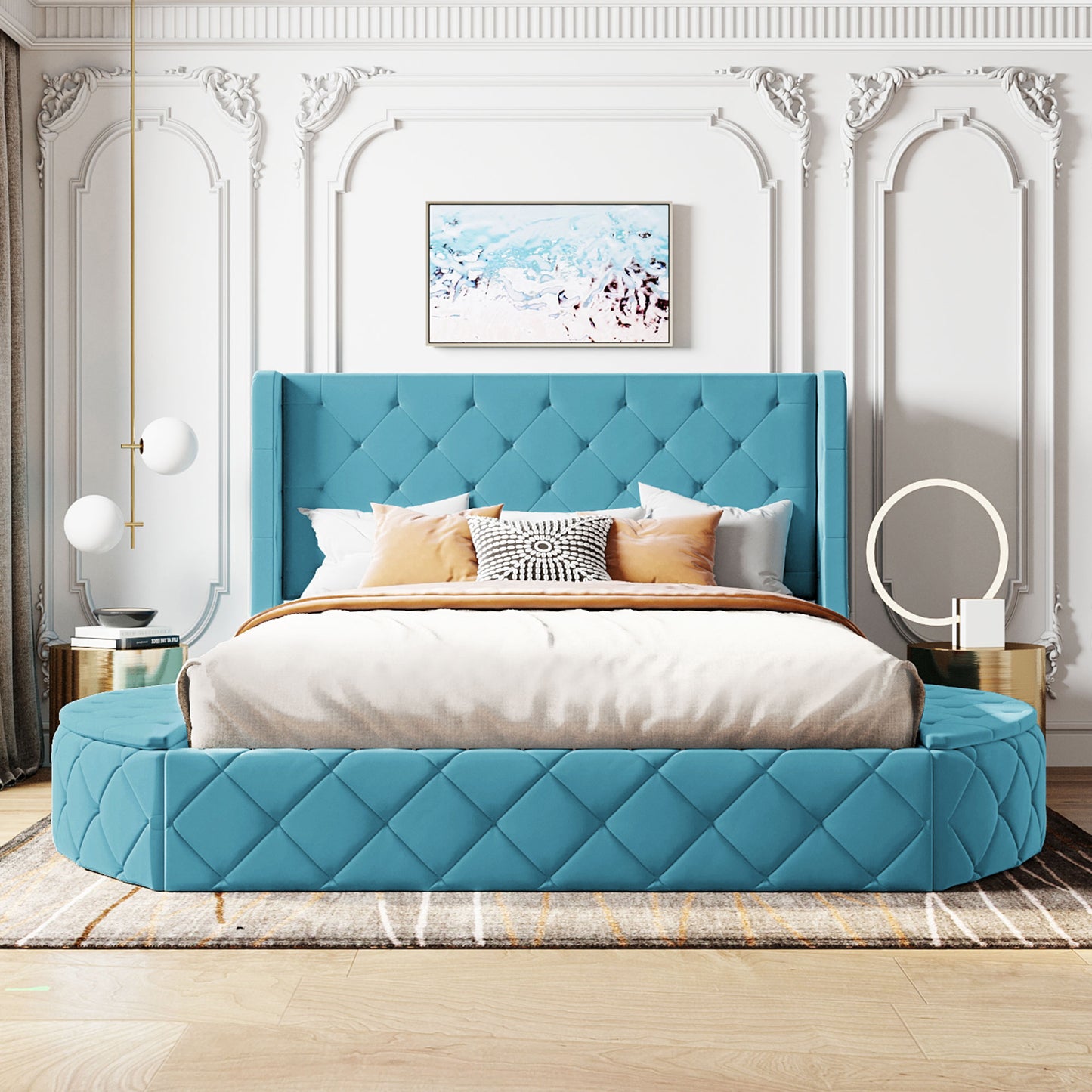 Upholstered Platform Bed Queen Size Storage Velvet Bed with Wingback Headboard and 1 Big Drawer,2 Side Storage Stool(Blue)(Old sku: LP000815AAC)