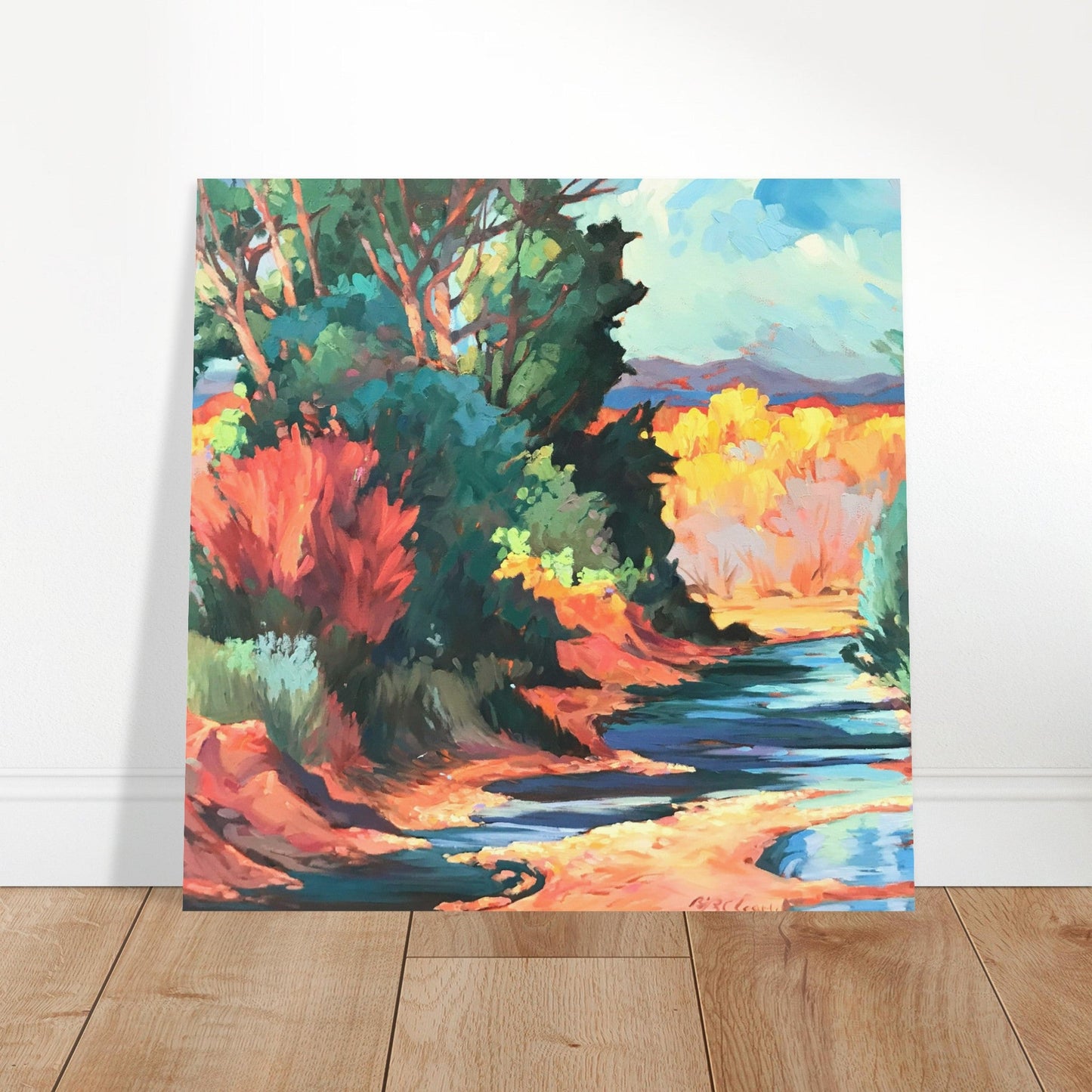 ‘Rio Pueblo’ Landscape I 16x16 Museum-Quality Matte Paper Poster | Original Artwork by American Artist Barbara Cleary