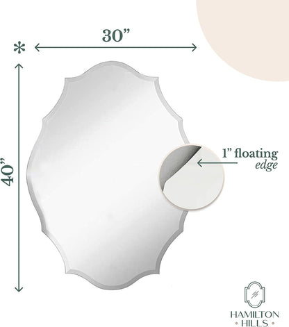 Hamilton Hills 30" X 40" Modern Silver Polished Glass Rectangular Mirror | Elaborate Scallop Wall Mirror Scalloped Edges Vanity for Bedroom, Bathroom and Living-Rooms| Hangs Horizontal and Vertical