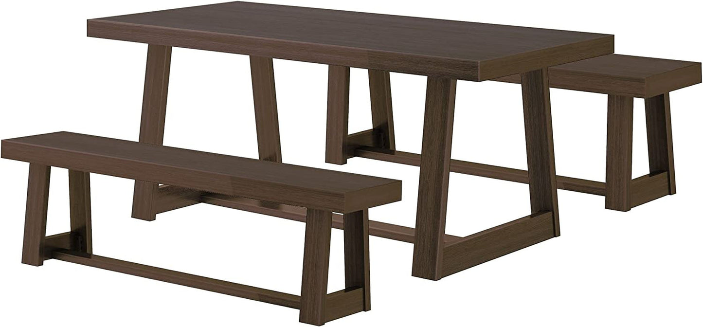 Farmhouse Solid Wood Dining Table Set with 2 Benches, Walnut