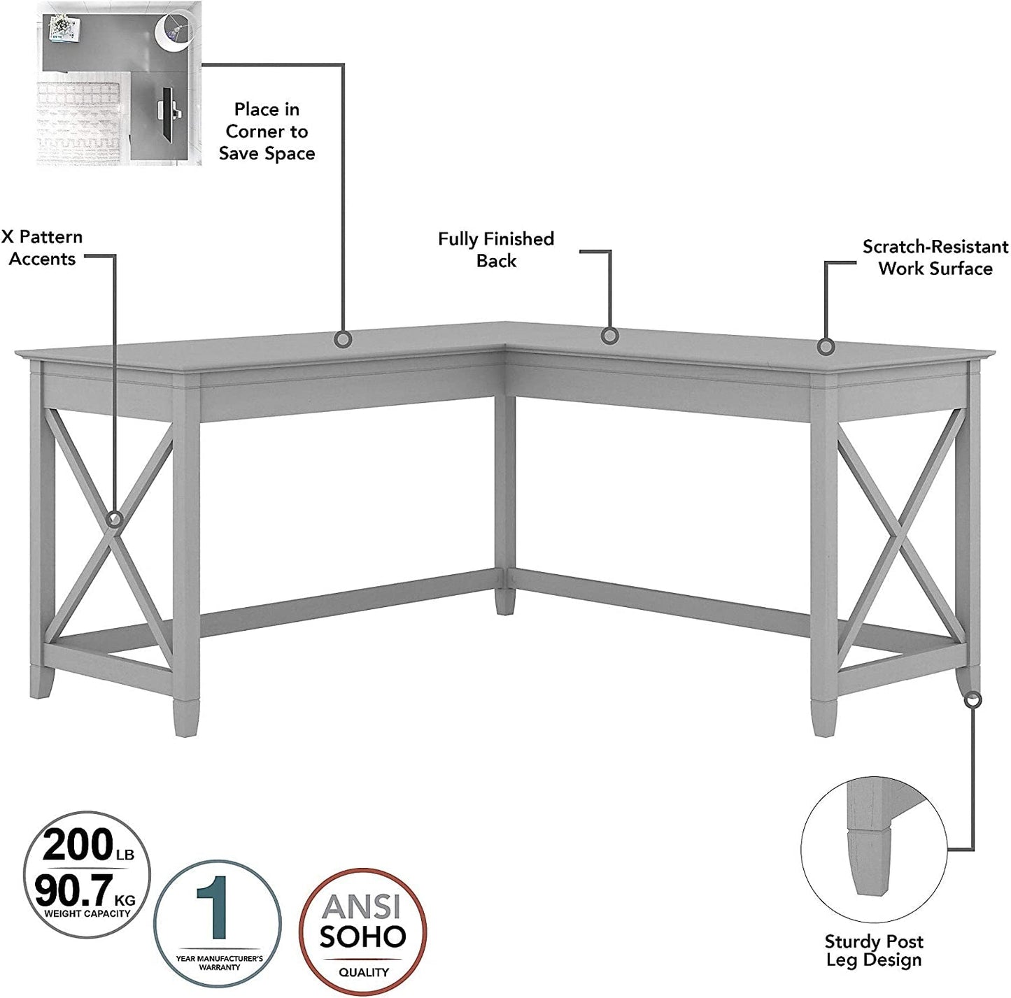 Key West L-Shaped Desk with Mobile File Cabinet for Home Office Workspace