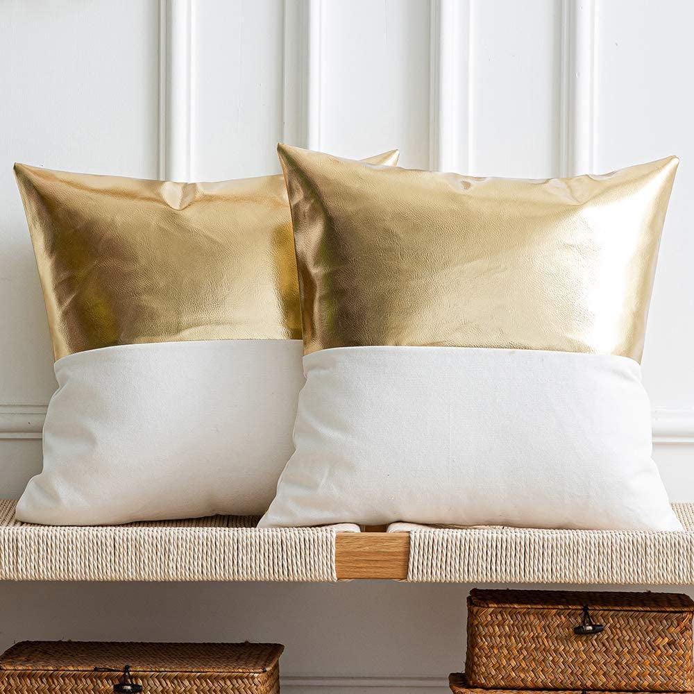 DEZENE Leather Throw Pillow Covers, Set of 2 Modern Leather/Cotton Decorative Pillowcases for Home Decor Bedroom Living Room Couch Bed Sofa, 18X18 Inch, Cognac-Brown and White