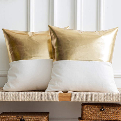 DEZENE Leather Throw Pillow Covers, Set of 2 Modern Leather/Cotton Decorative Pillowcases for Home Decor Bedroom Living Room Couch Bed Sofa, 18X18 Inch, Cognac-Brown and White
