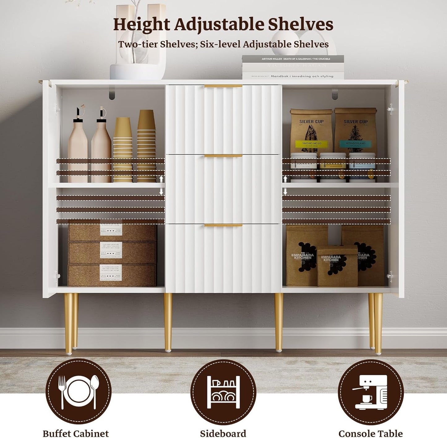 White Sideboard Cabinet with 3 Drawers, Glossy Fluted Buffet Storage