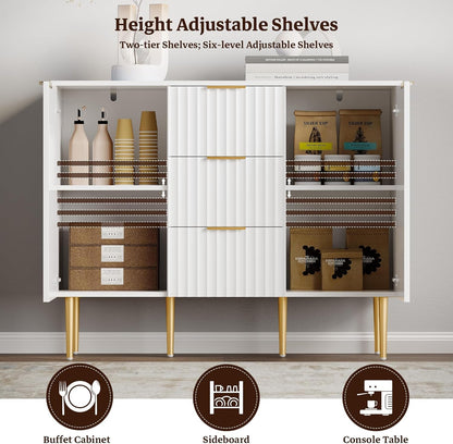 White Sideboard Cabinet with 3 Drawers, Glossy Fluted Buffet Storage