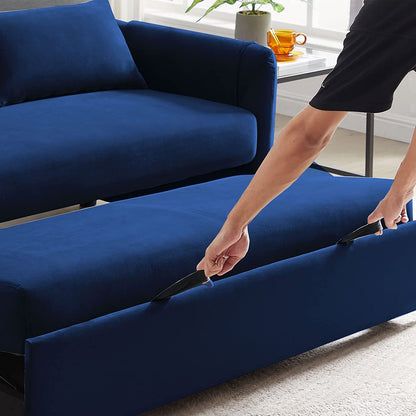 Blue Velvet Convertible Sofa Bed with Adjustable Backrest
