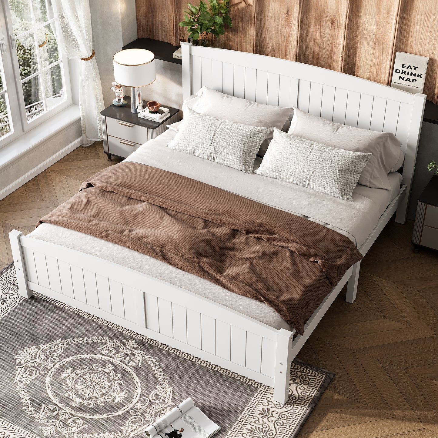King Size Platform Bed, Solid Wood Platform Bed with Support Slats and Strong Structure, No Box Spring Needed, White