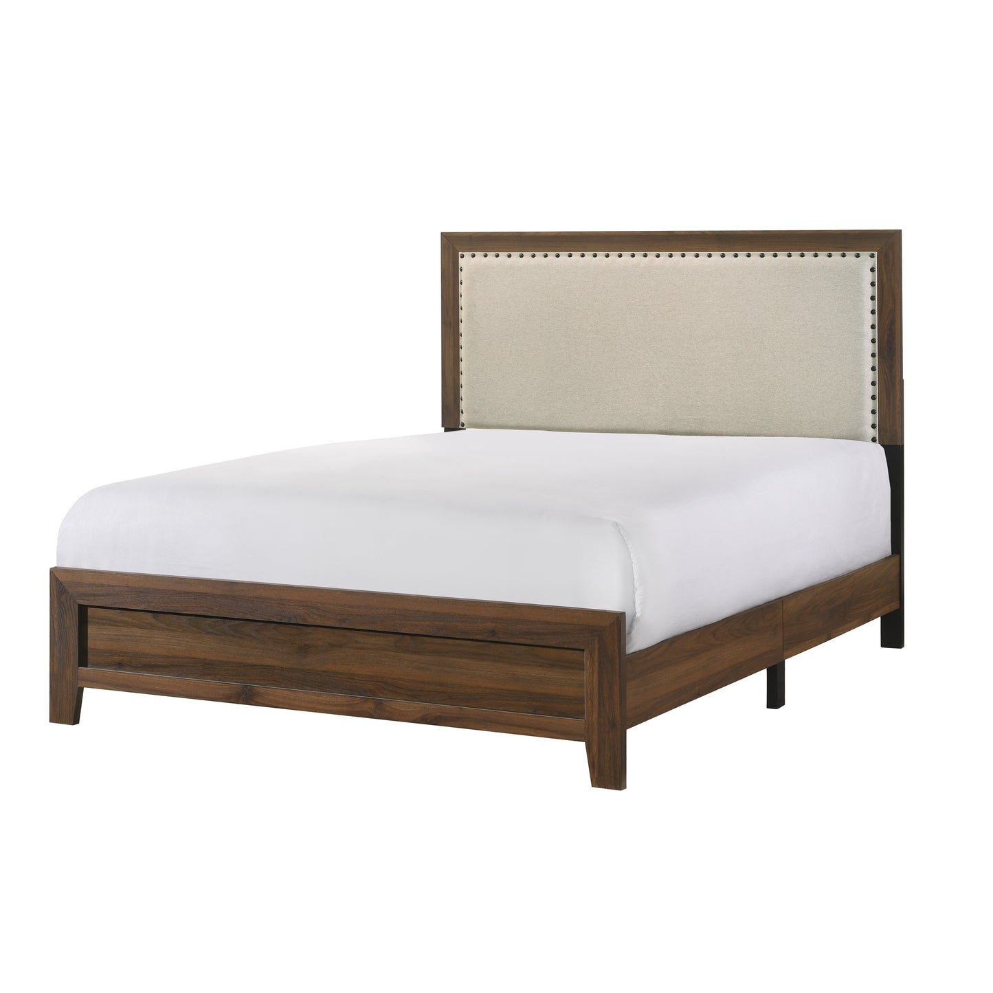 Contemporary Brown Cherry Finish Fabric Upholstered Tufted Headboard Queen Size Panel Bed