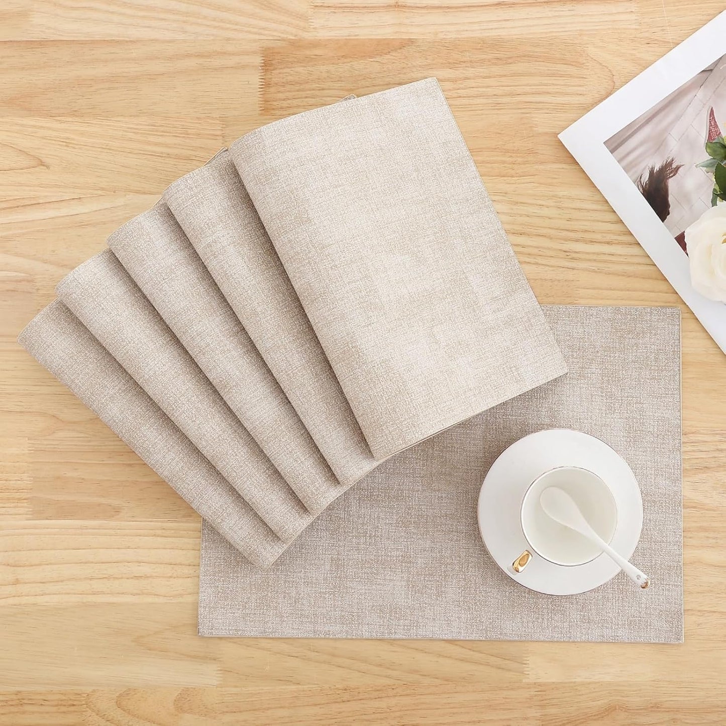 Homaxy Faux Leather Heat Resistant Placemats for Dining Table Set of 6, Waterproof Wipeable Washable PU Table Mats, Easy to Clean Anti-Slip Place Mats, 11.8" X 17", Beige