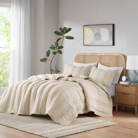 3 PCS Full/Queen Poly Gauze Quilt Set Natural