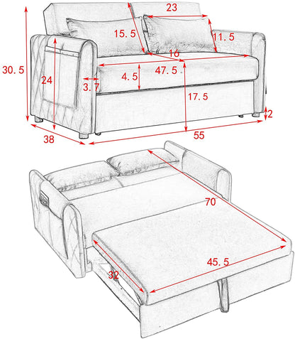 55″ Velvet Convertible Sofa Bed with Adjustable Backrest