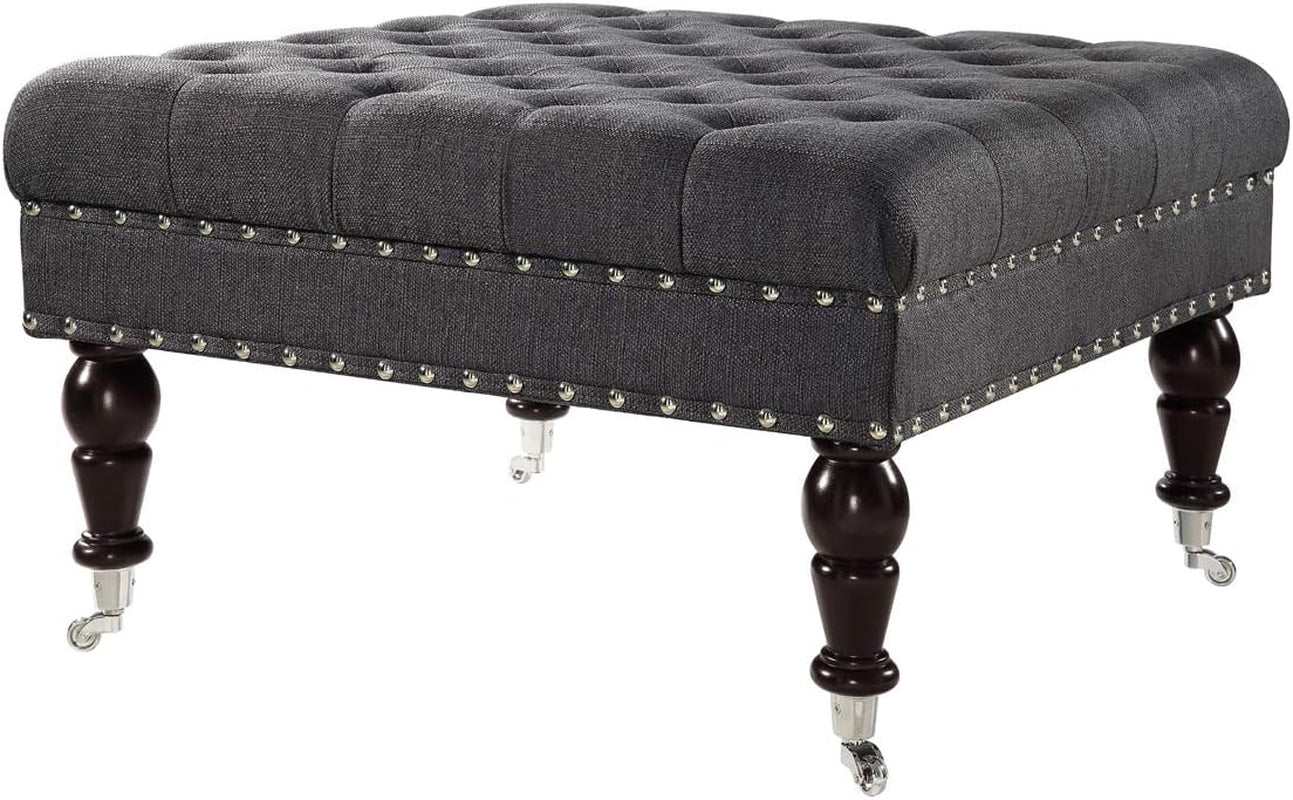 Charcoal Gray Tufted Ottoman with Rolling Wheels