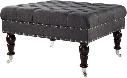 Charcoal Gray Tufted Ottoman with Rolling Wheels