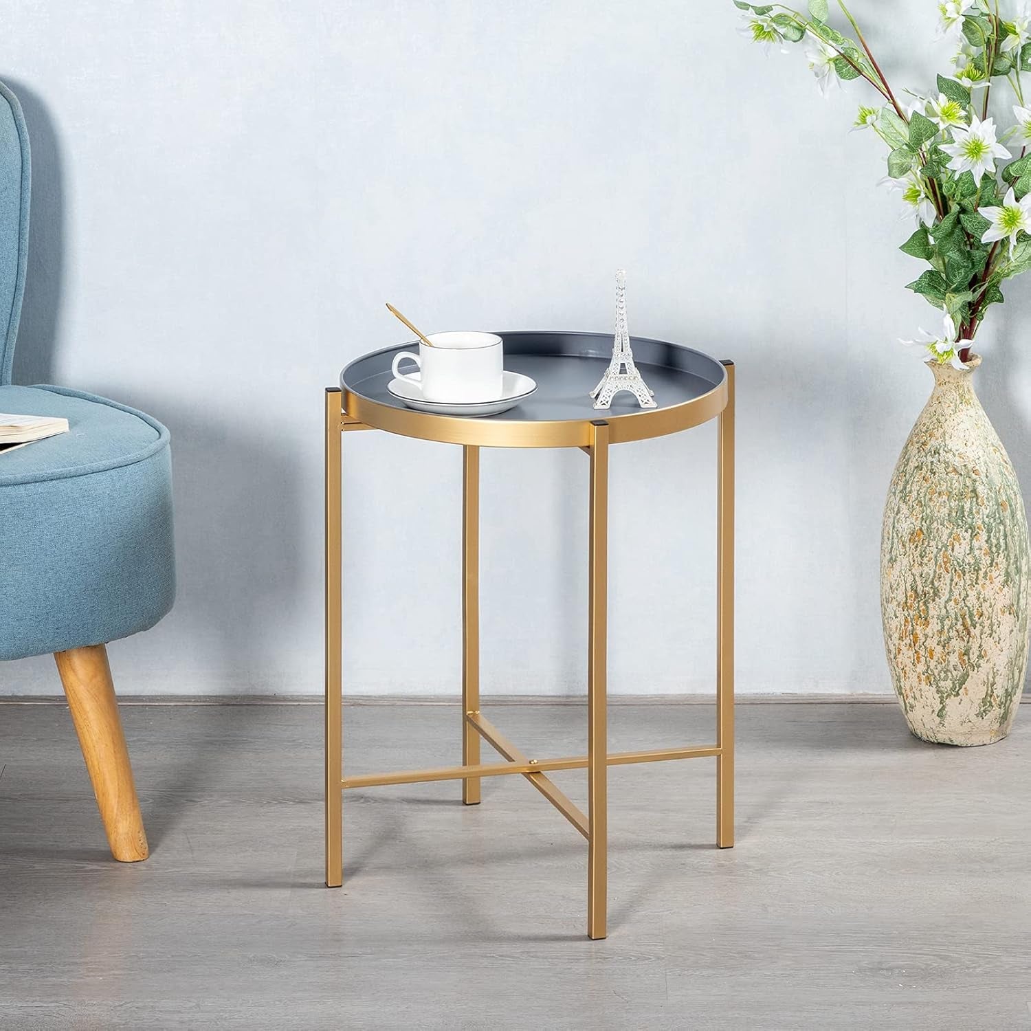 Hollyhome Small round Metal Tray End Table, (D) 14.96" X(H) 18.5", Accent Indoor&Outdoor Sofa Side Tea Table/Nightstand, Weather Resistant Coffee Table for Living Room, Balcony, Patio, Gold&Grey