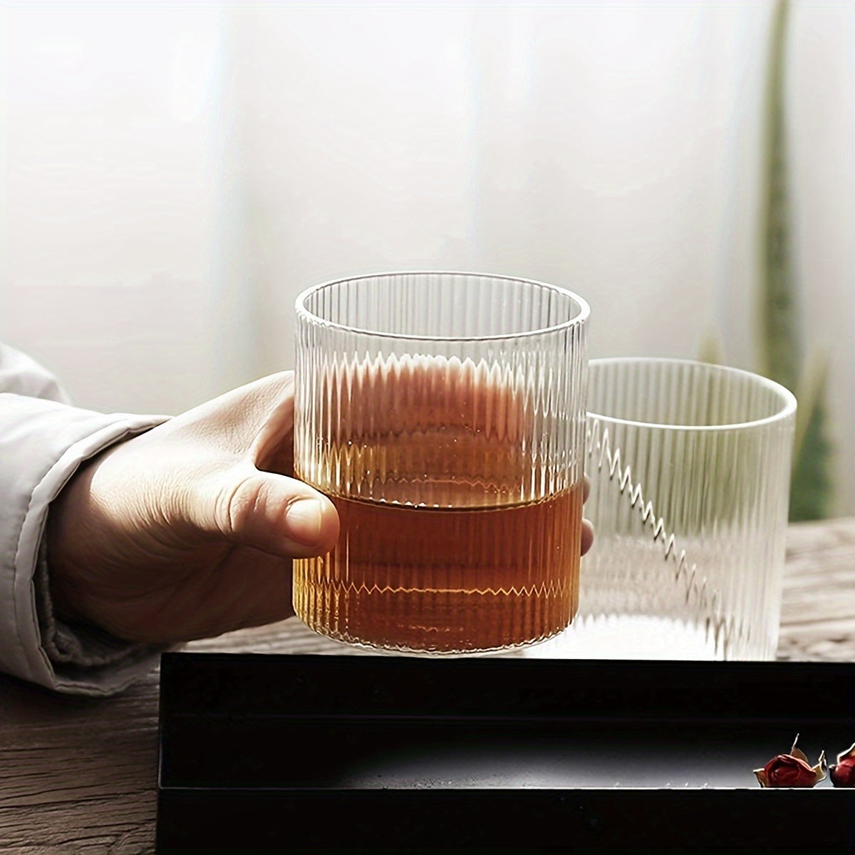 Set of 4 Ribbed Glass Tumblers Versatile Durable Stylish